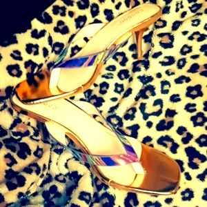 Metallic, gold, low heel sandal